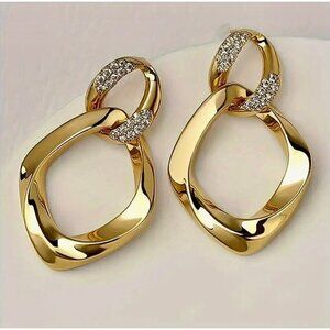 Gold Chunky Link Dangle Earrings Crystal Pave Statement Organic Modern